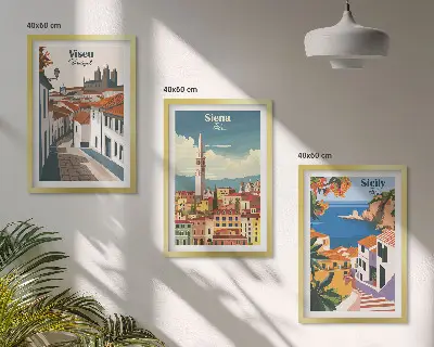 Billedvæg med retro illustrationer motiver af verdens byer