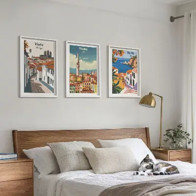Billedvæg med retro illustrationer motiver af verdens byer
