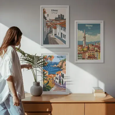 Billedvæg med retro illustrationer motiver af verdens byer