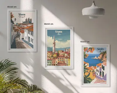 Billedvæg med retro illustrationer motiver af verdens byer