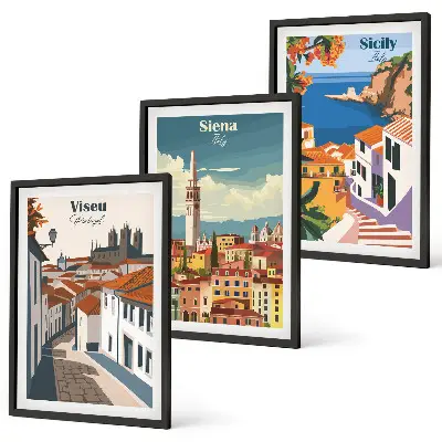 Billedvæg med retro illustrationer motiver af verdens byer