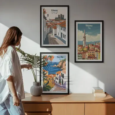 Billedvæg med retro illustrationer motiver af verdens byer