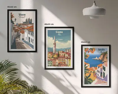 Billedvæg med retro illustrationer motiver af verdens byer