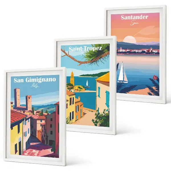 Triptyk med italienske bylandskaber med ramme