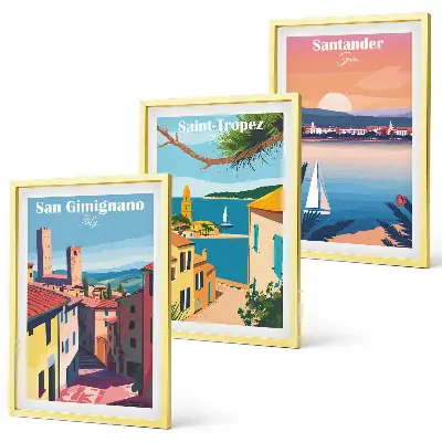 Triptyk med italienske bylandskaber med ramme
