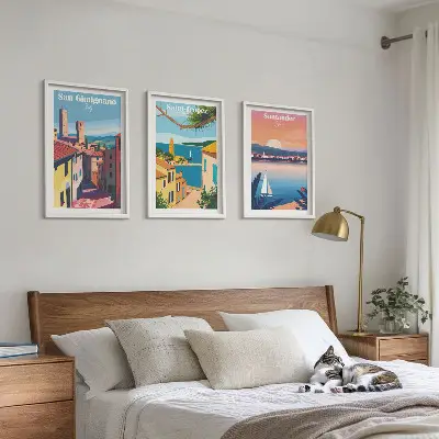 Triptyk med italienske bylandskaber med ramme