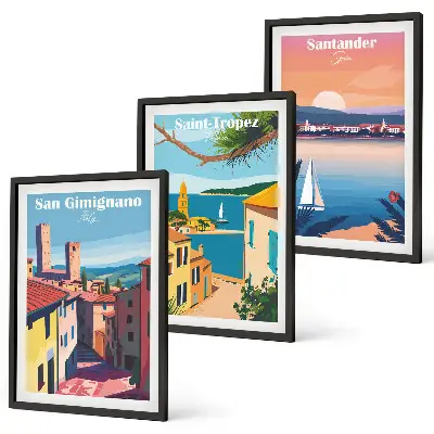 Triptyk med italienske bylandskaber med ramme