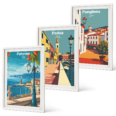 Triptykon billeder med ramme Retro byillustrationer