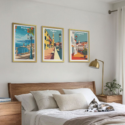 Triptykon billeder med ramme Retro byillustrationer