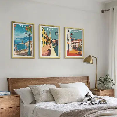 Retro byillustrationer triptykon med ramme