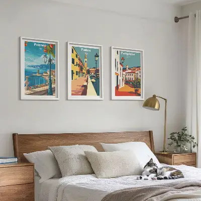 Retro byillustrationer triptykon med ramme