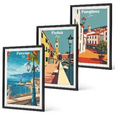 Retro byillustrationer triptykon med ramme