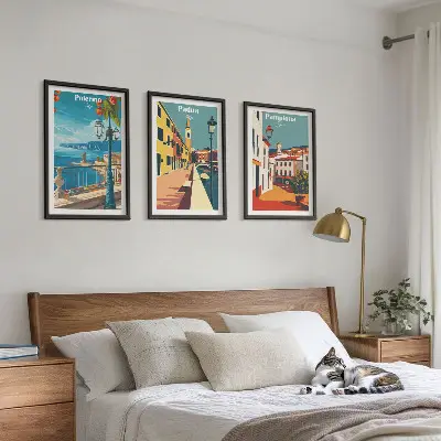 Retro byillustrationer triptykon med ramme