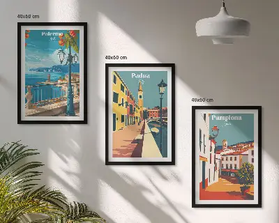 Retro byillustrationer triptykon med ramme
