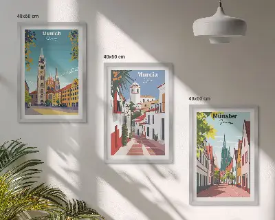 Billedsæt til soveværelset med europæiske byer i farvetegninger