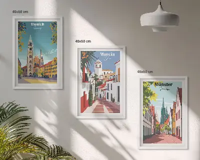 Billedsæt til soveværelset med europæiske byer i farvetegninger