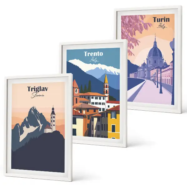 Triptykon med bjergarkitektur retro illustrationer med ramme