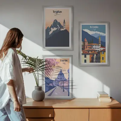 Triptykon med bjergarkitektur retro illustrationer med ramme