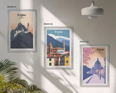 Triptykon med bjergarkitektur retro illustrationer med ramme