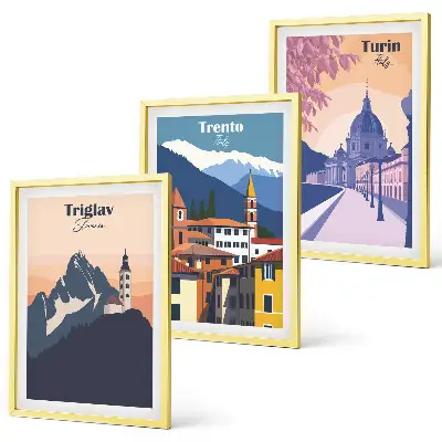 Triptykon med bjergarkitektur retro illustrationer med ramme