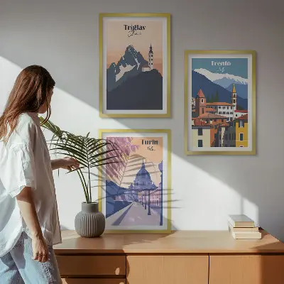 Triptykon med bjergarkitektur retro illustrationer med ramme