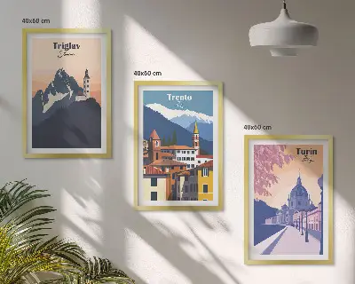 Triptykon med bjergarkitektur retro illustrationer med ramme