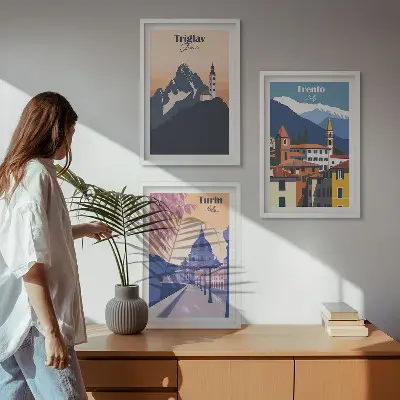 Triptykon med bjergarkitektur retro illustrationer med ramme