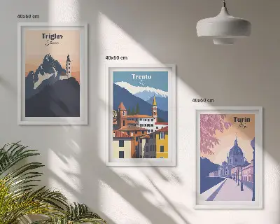 Triptykon med bjergarkitektur retro illustrationer med ramme