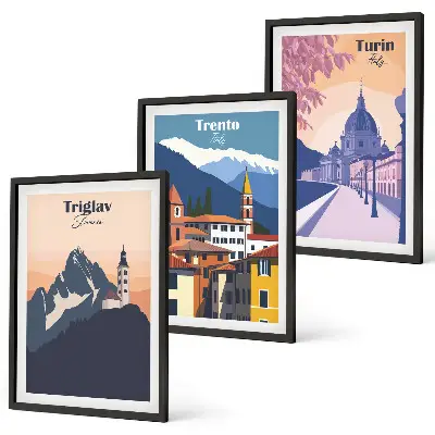Triptykon med bjergarkitektur retro illustrationer med ramme