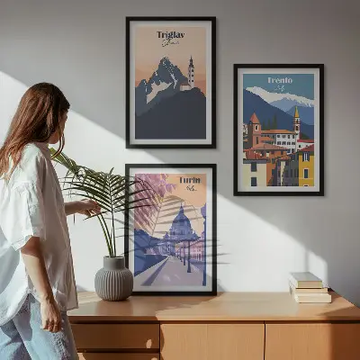 Triptykon med bjergarkitektur retro illustrationer med ramme
