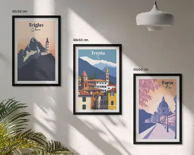 Triptykon med bjergarkitektur retro illustrationer med ramme
