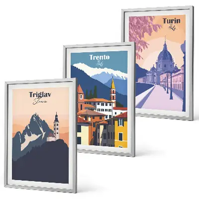 Triptykon med bjergarkitektur retro illustrationer med ramme