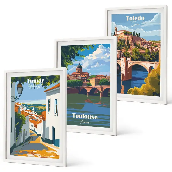 Billedsæt til soveværelset med retro bygrafik