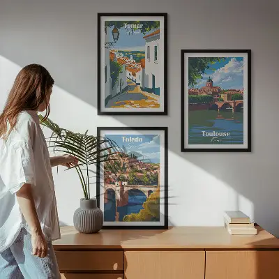 Billedsæt til soveværelset med retro bygrafik