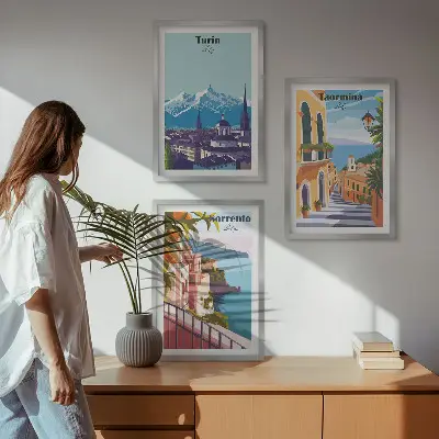 Billedsæt til soveværelset med farverige retro bylandskaber