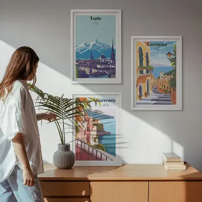 Billedsæt til soveværelset med farverige retro bylandskaber