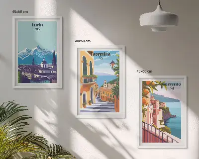 Billedsæt til soveværelset med farverige retro bylandskaber