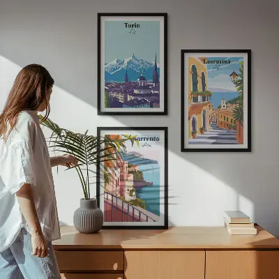 Billedsæt til soveværelset med farverige retro bylandskaber