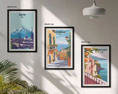 Billedsæt til soveværelset med farverige retro bylandskaber