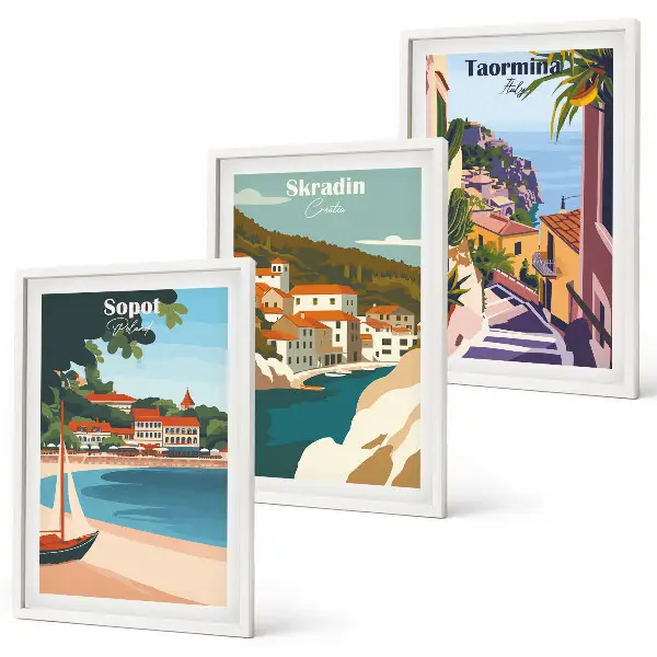 Triptykon med kystby-illustrationer med ramme