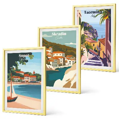 Triptykon med kystby-illustrationer med ramme