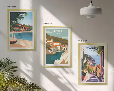 Triptykon med kystby-illustrationer med ramme
