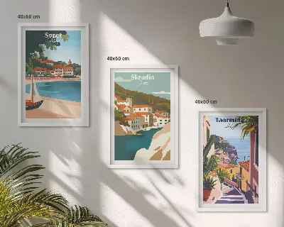 Triptykon med kystby-illustrationer med ramme