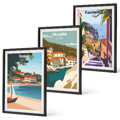 Triptykon billeder med ramme Illustrationer af kystbyer