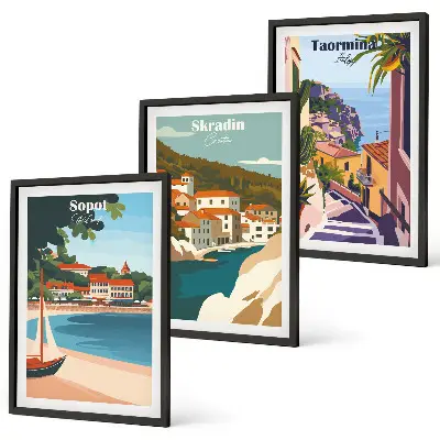 Triptykon med kystby-illustrationer med ramme