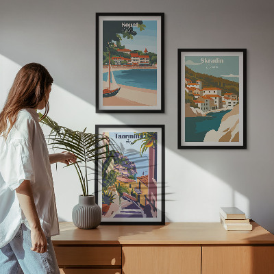 Triptykon billeder med ramme Illustrationer af kystbyer