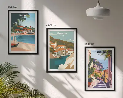Triptykon med kystby-illustrationer med ramme