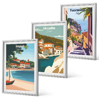 Triptykon med kystby-illustrationer med ramme