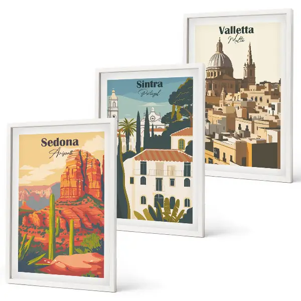 Billedsæt til soveværelse med retro udsigt over Sedona, Sintra og Valletta