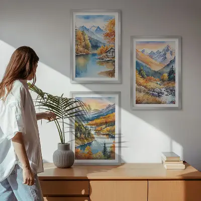 Billedsæt til soveværelset med motiv af bjerglandskab ved flod om efteråret